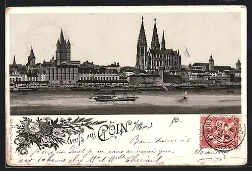 Lithographie Cöln a. Rh., Stadt, Panorama mit Dom vom Rhein aus