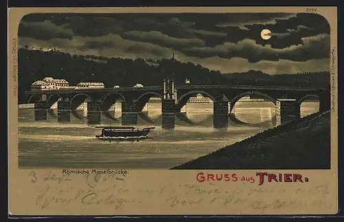 Mondschein-Lithographie Trier, Römische Moselbrücke
