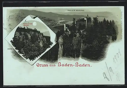 Mondschein-Lithographie Baden-Baden, Partie auf dem Battert, Altes Schloss mit Umgebung