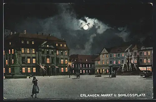 Mondschein-AK Erlangen, Markt und Schlossplatz mit beleuchteten Fenstern