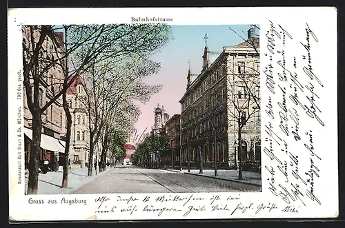 Goldfenster-AK Augsburg, Bahnhofstrasse mit Gasthof, mit leuchtenden Fenstern