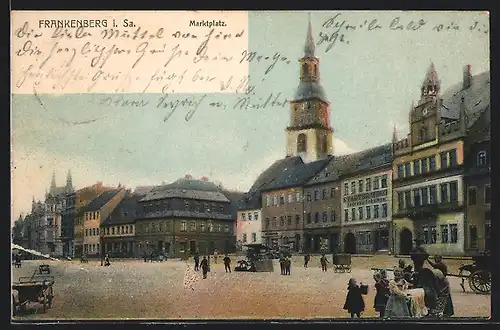 AK Frankenberg /Sa., Marktplatz mit Gasthaus Stadtbrauerei A. Schultze