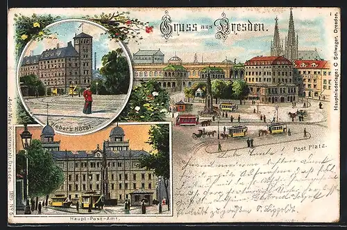 Lithographie Dresden, Weber`s Hotel, Post Platz mit Pferdebahn