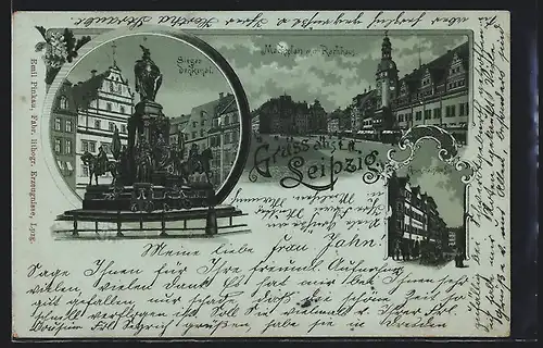 Mondschein-Lithographie Leipzig, Siegesdenkmal, Marktplatz und Rathaus