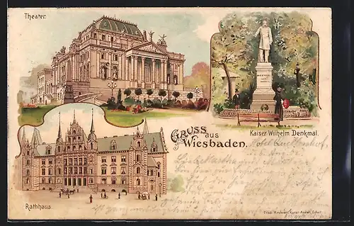 Lithographie Wiesbaden, Theater, Kaiser Wilhelm Denkmal, Rathaus