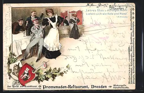 Lithographie Dresden, Der Hirsch am Rauchhaus, Restaurant i. d. Webergasse & Scheffelstrasse, Wirtin & Studenten