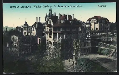 AK Dresden-Loschwitz, Weisser Hirsch, Dr. Teuschners Sanatorium und Waldvilla aus der Vogelschau