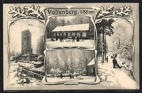 Passepartout-AK Valtenberg, Gebäude, Rodelpartie und Aussichtsturm im Schnee