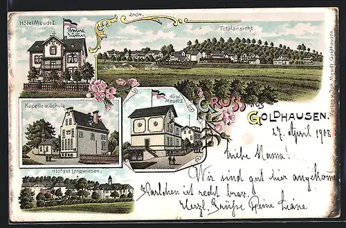 Lithographie Goldhausen /Ruppach, Hotel Meudt II, Hotel Meudt I, Kapelle und Schule, Panorama