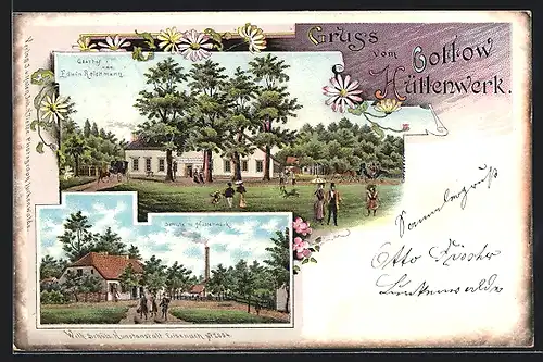 Lithographie Gottow, Gasthof von Edwin Reichmann, Schule mit Hüttenwerk