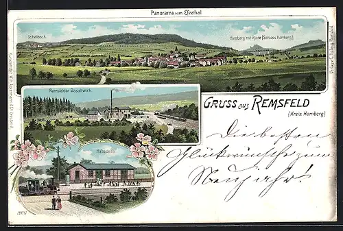 Lithographie Remsfeld, Basaltwerk, Bahnhof, Panorama mit Schellbach und Homberg