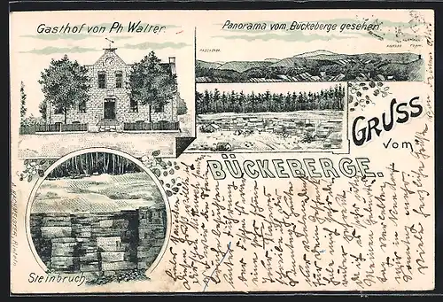 Lithographie Obernkirchen, Gasthof von Ph. Walter, Steinbruch, Panorama vom Bückeberge gesehen