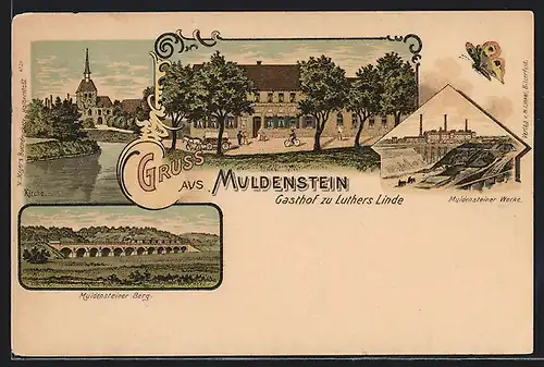 Lithographie Muldenstein, Gasthof zu Luthers Linde, Muldensteiner Werke, Kirche