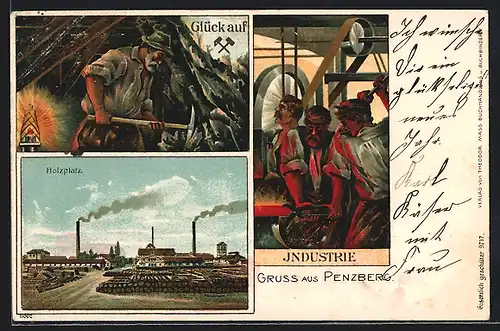 Lithographie Penzberg, Bergmann bei der Arbeit in der Grube, Holzplatz, Fabrikarbeiter