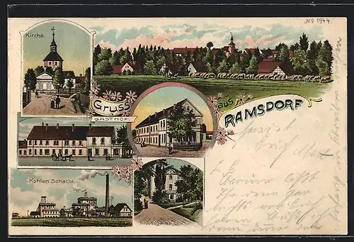 Lithographie Ramsdorf, Gasthof, Kohlen-Schacht, Schlossgarten, Kirche