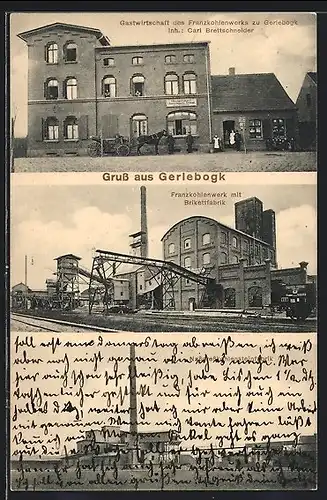 AK Gerlebogk, Gasthaus des Franzkohlenwerks von Carl Brettschneider, Franzkohlenwerk mit Brikettfabrik