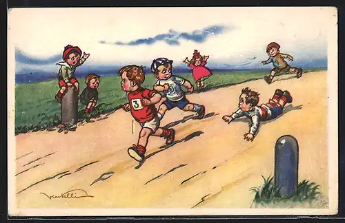 Künstler-AK Castelli: Kinder bei einem Wettrennen