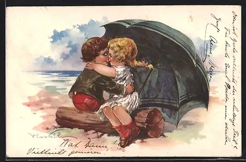 Künstler-AK Castelli: ein Junge und ein Mädchen mit Zopf küssen sich auf Baumstamm unter Schirm versteckt