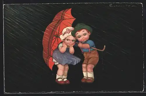Künstler-AK E. Colombo: Kinderpaar mit Schirm im Regen