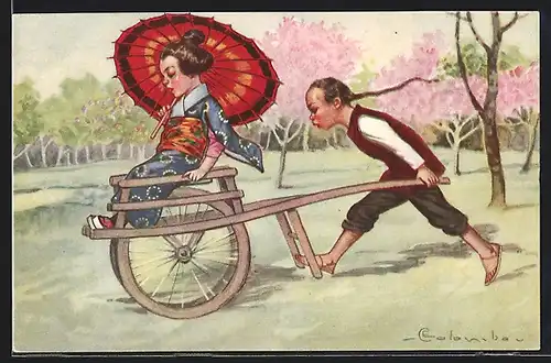 Künstler-AK E. Colombo: Japanerin mit Schirm auf Rikscha