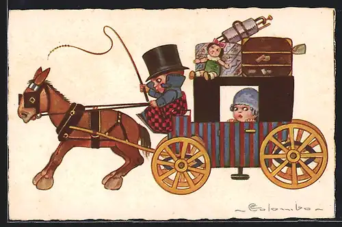 Künstler-AK E. Colombo: Vollgepackte Pferdekutsche mit edler Dame an Bord