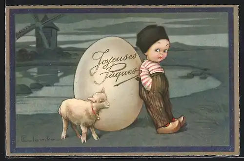 Künstler-AK E. Colombo: Holländer mit Schaf am Osterei, Ostergruss