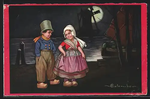 Künstler-AK E. Colombo: Holländisches Paar mit Holzschuhen bei Mondschein, Im Hintergrund Windmühle