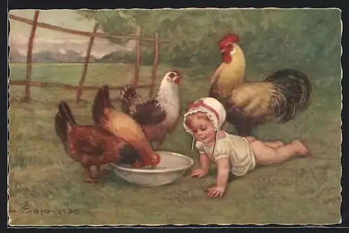 Künstler-AK E. Colombo: Kleines Kind mit Hühnern an der Futterschale