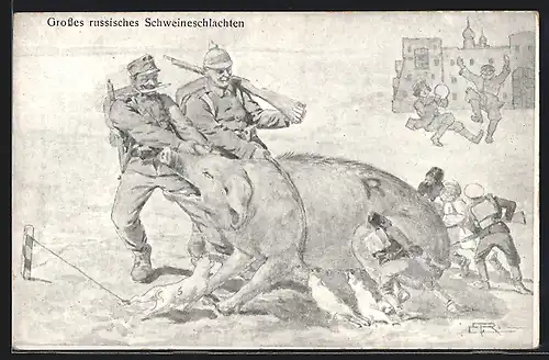 Künstler-AK Russland, Soldaten bei grossem russischen Schweineschlachten