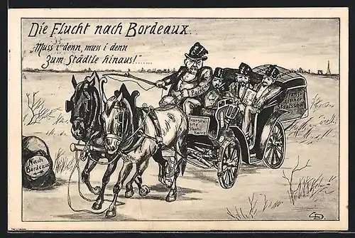 Künstler-AK Die Flucht nach Bordeaux, französischer Präsident Poincare flüchtet mit Pferdegespann aus Paris