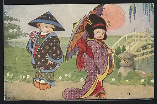 Künstler-AK A. Bertiglia: Asiate schaut Asiatin mit Schirm nach