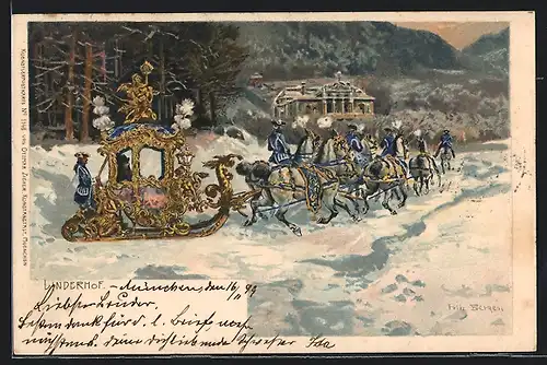 Künstler-AK Fritz Bergen: Linderhof, Kutschfahrt v. Ludwig II. durchs verschneite Münchner Hinterland