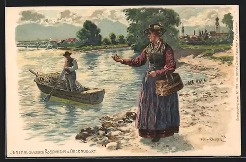 Künstler-AK Fritz Bergen: Rosenheim, Frau winkt Mann im Boot auf Inn