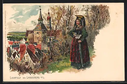 Lithographie Lechfeld bei Landsberg a. L., Teilansicht mit Trachtenträgerin