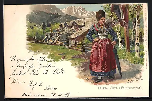 Künstler-AK Fritz Bergen: Loisach-Thal /Partenkirchen, Frau in bayerischer Tracht