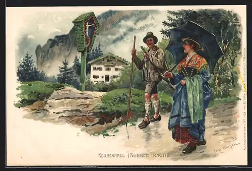 Künstler-AK Fritz Bergen: Reichenhall, Mann und Frau in Nonner Tracht mit Wegkreuz