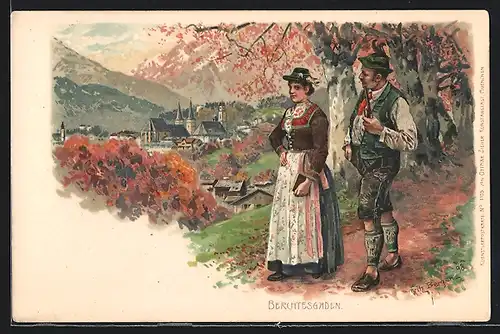 Künstler-AK Fritz Bergen: Berchtesgaden, Pärchen in Tracht am Ortsrand