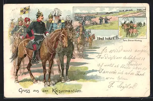 Lithographie Kaisermanöver unter Kaiser Wilhelm II. zu Pferd