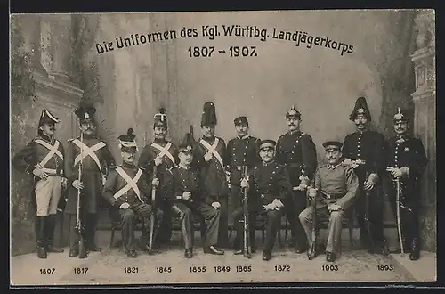 AK Uniformfoto des Königl. Würtembergischen Landjägerkorps, Uniformen zwischen 1807-1907