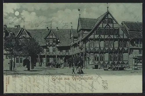 Mondschein-AK Wolfenbüttel, Rathaus mit Fachwerk