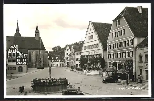 AK Feuchtwangen, Hotel Post, Häuserpartie & Brunnen