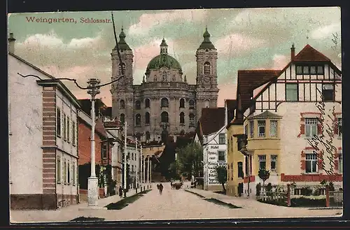 AK Weingarten, Schlosstr. mit Kirche und Cafe