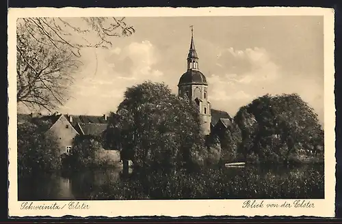 AK Schweinitz /Elster, Blick von der Elster auf die Kirche