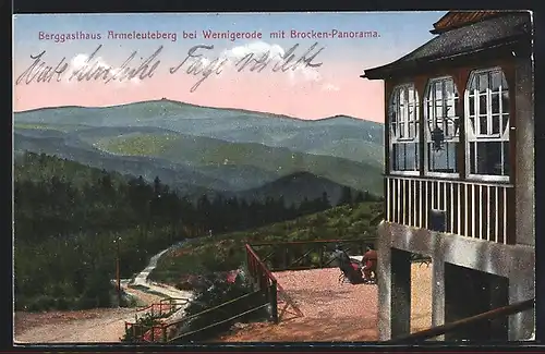 AK Wernigerode, Berggasthaus Ameleuteberg mit Brocken-Panorama