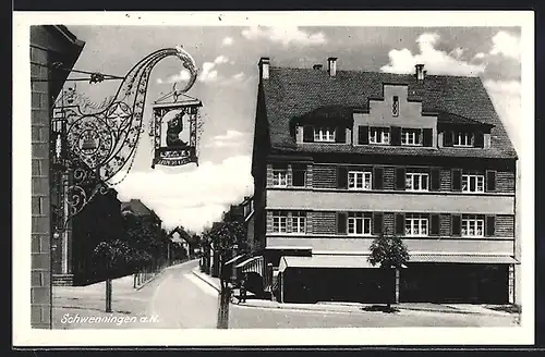 AK Schwenningen a. N., Strassenpartie mit Gasthaus und Geschäft