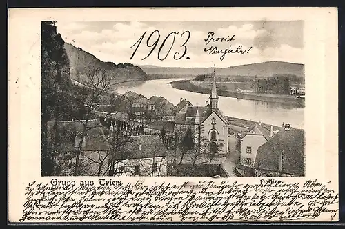 AK Trier-Pallien, Flusspartie mit Kirche und Bergen