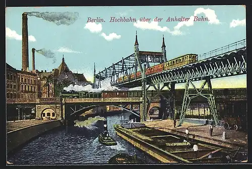 AK Berlin-Kreuzberg, Hochbahn über der Anhalter Bahn, Dampfer