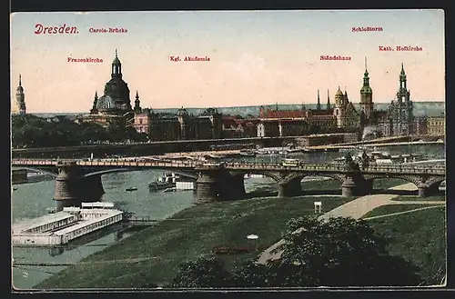 AK Dresden, Flusspartie mit Frauenkirche, Schwimmbad und Strassenbahnen