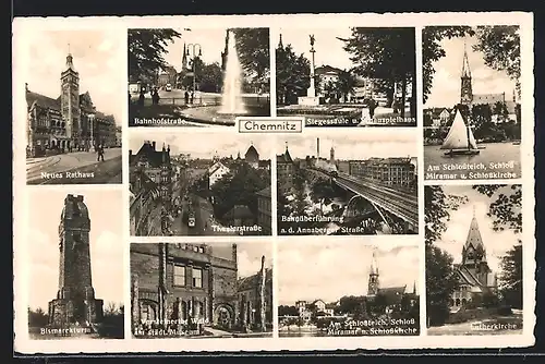 AK Chemnitz, Siegessäule und Schauspielhaus, Bismarckturm, Neues Rathaus