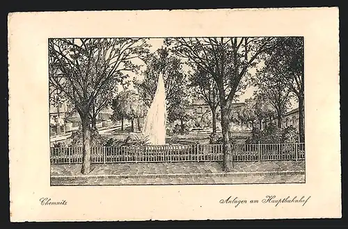 Künstler-AK Chemnitz, Parkanlage am Hauptbahnhof